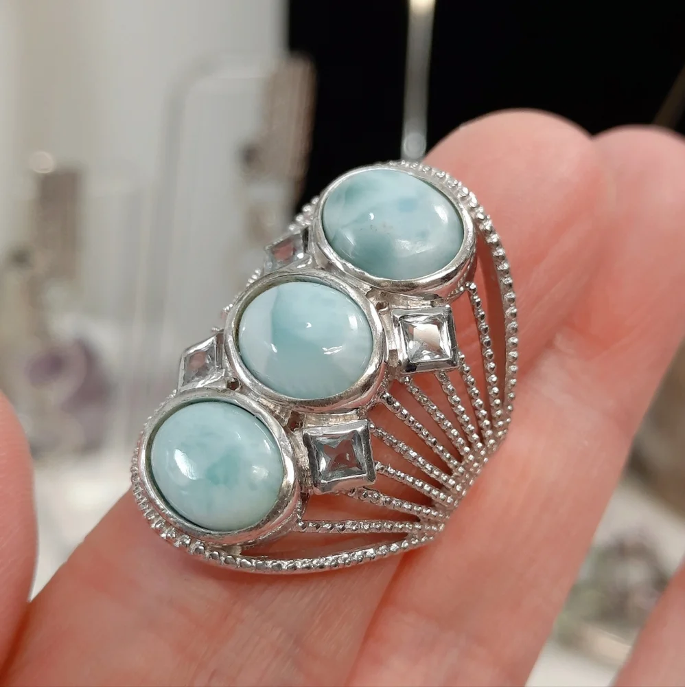 Sterling Silver Larimar Blue Topaz Openwork Filigree Ring SIZE 8 (Please Read) - Picture 5 of 13